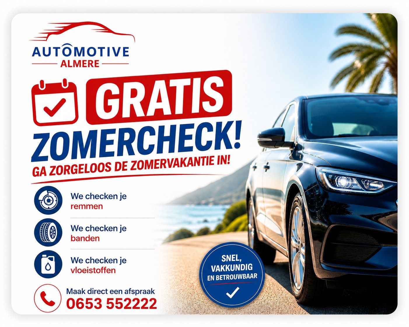 Automotive Almere promotional flyer offering free summer check with car maintenance checklist and contact details